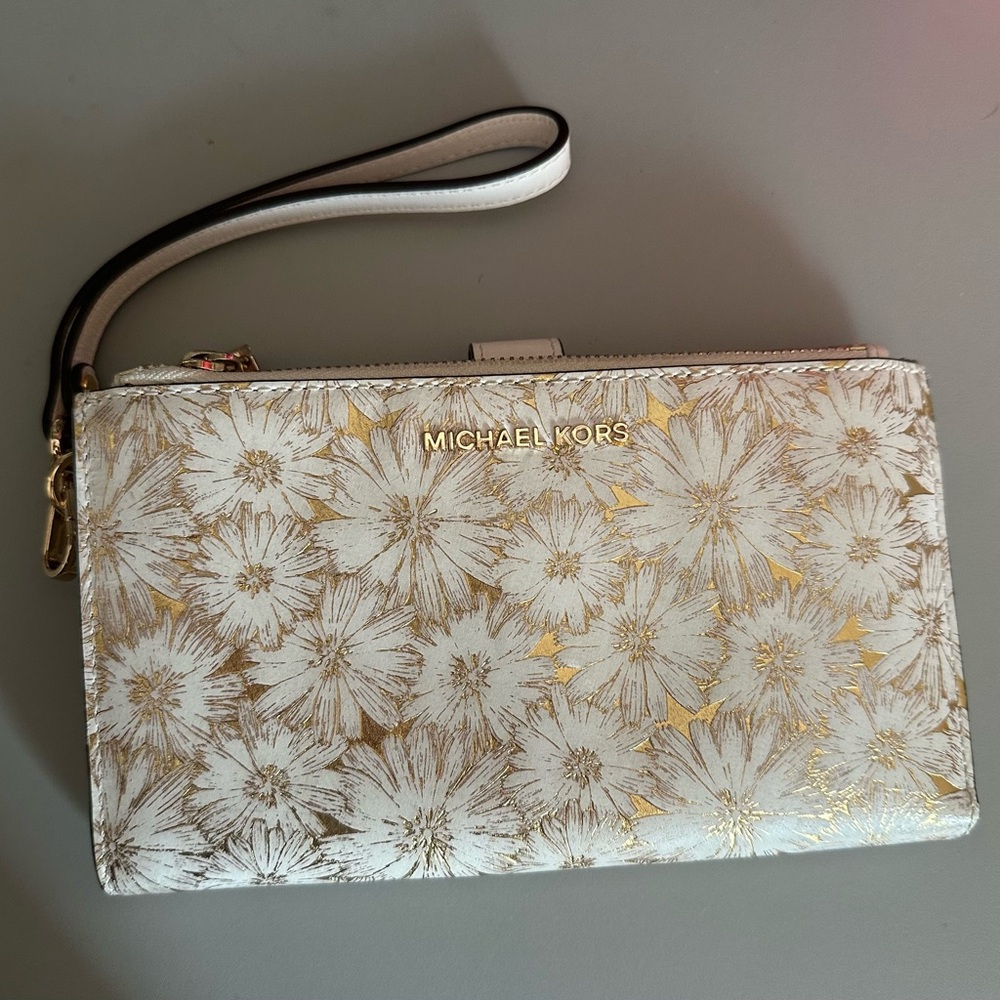 Michael Kors Gold and Cream Clutch with Floral Elegance